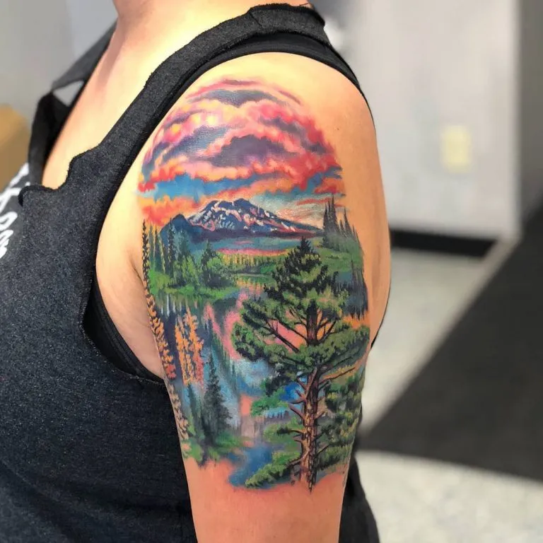 Water Color Hill Scenery Tattoo Design 