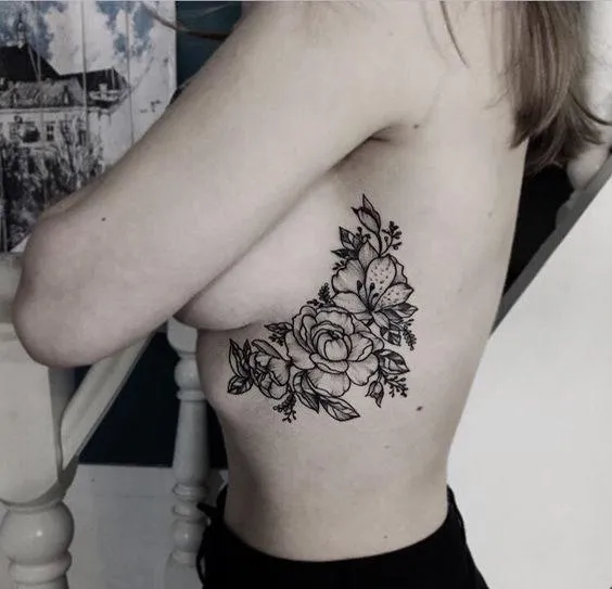 Floral Side Boob Tattoo Design 
