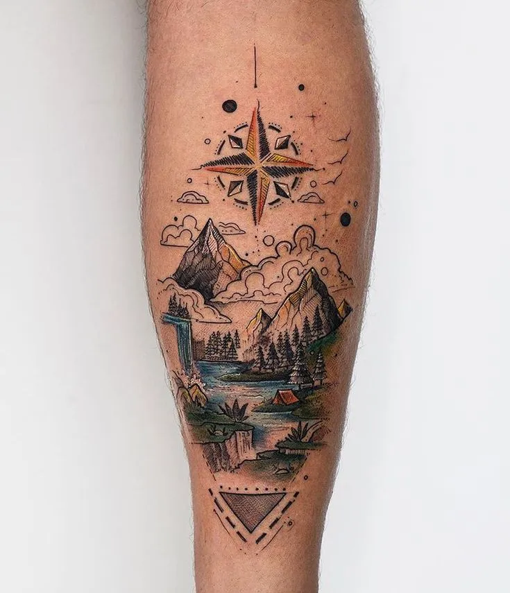 Compass Landscape Hill Tattoo Design 
