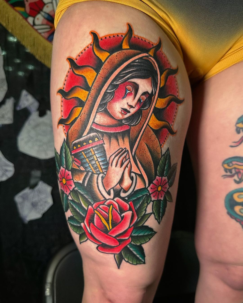 Tattoo of Virgin Mary with Rose Flower