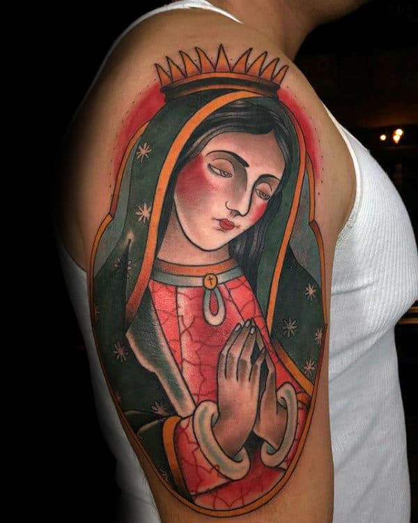 Tattoo of Virgin Mary in Pink Dress