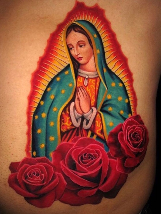 Tattoo of Virgin Mary in Pink Dress