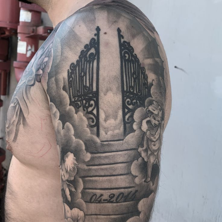 Gates of Heaven full-sleeve tattoo with black ink