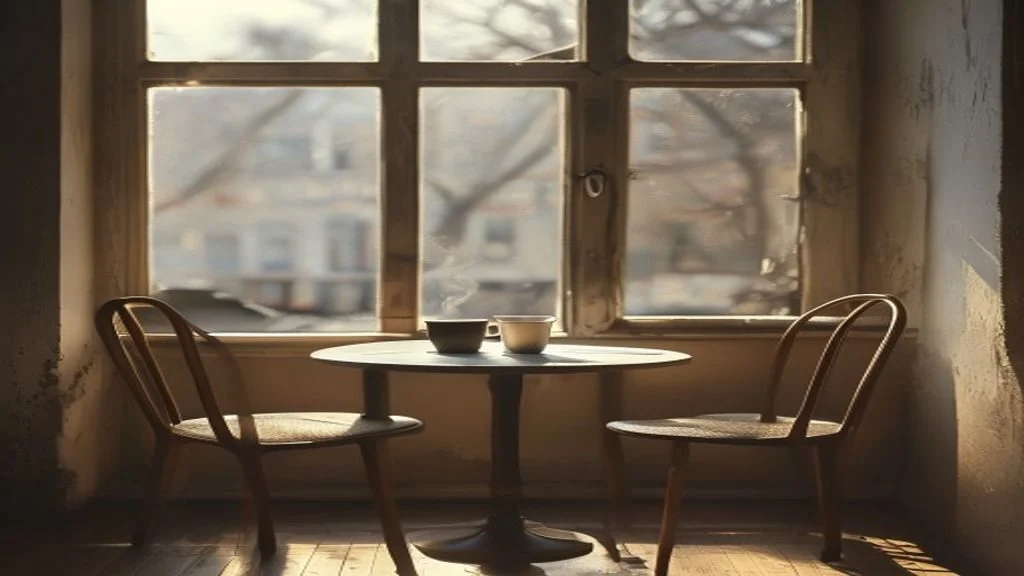 Two coffee cups facing each other on a cafe table by a window