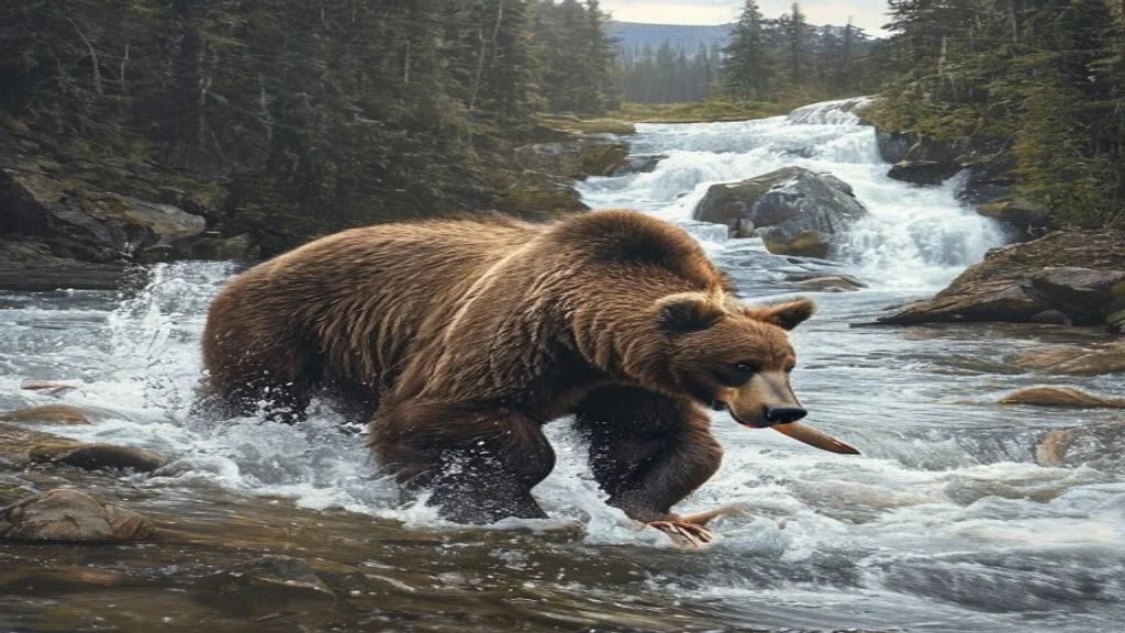 Brown bear catching salmon at a waterfall in an Alaska river