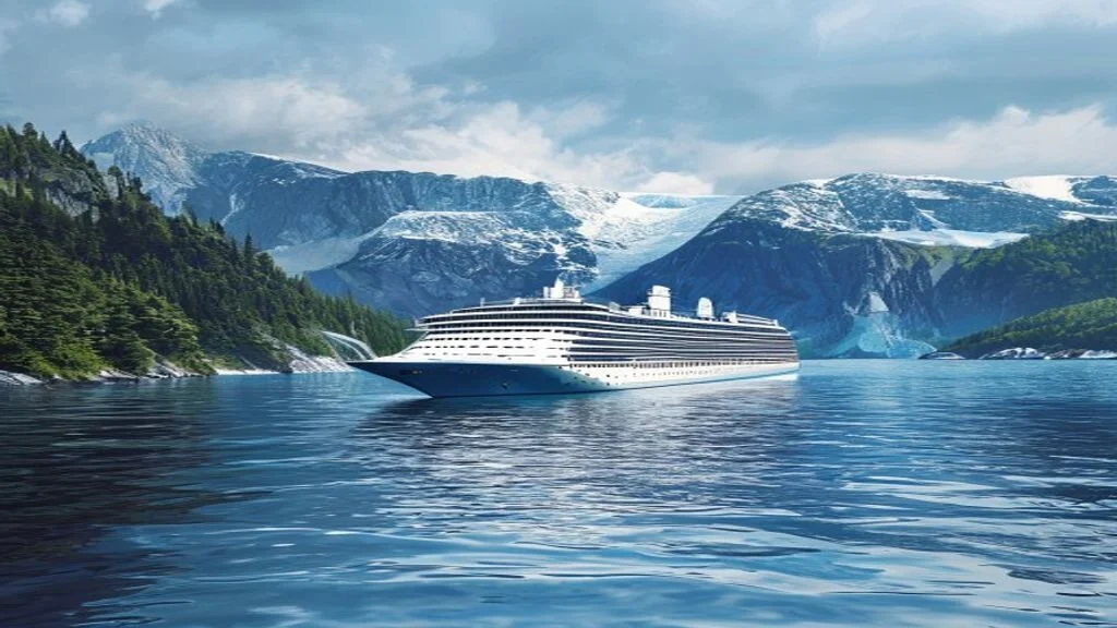 Cruise ship sailing past a glacier in the Alaska Inside Passage