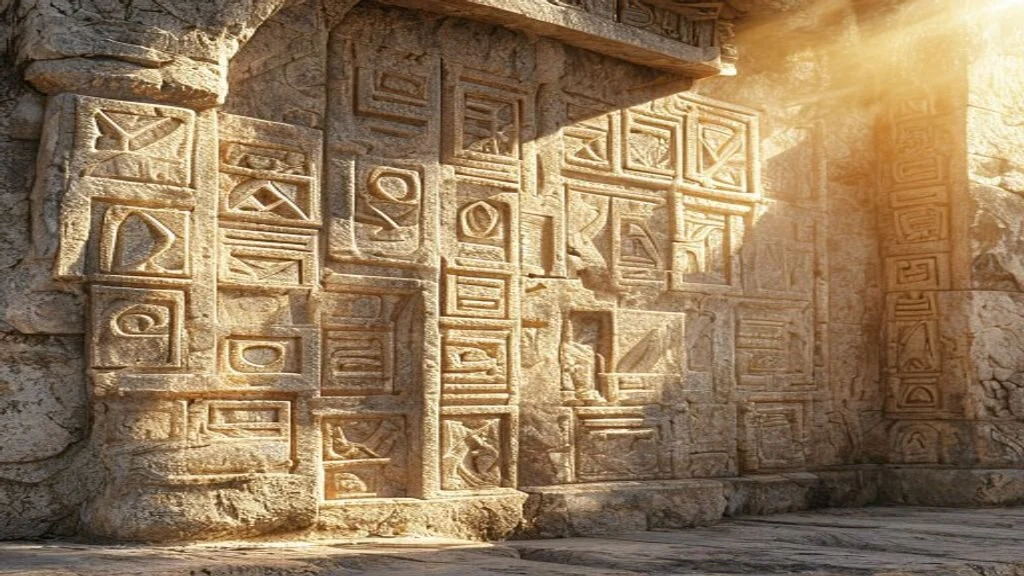 Ancient stone carvings with geometric patterns on a temple wall