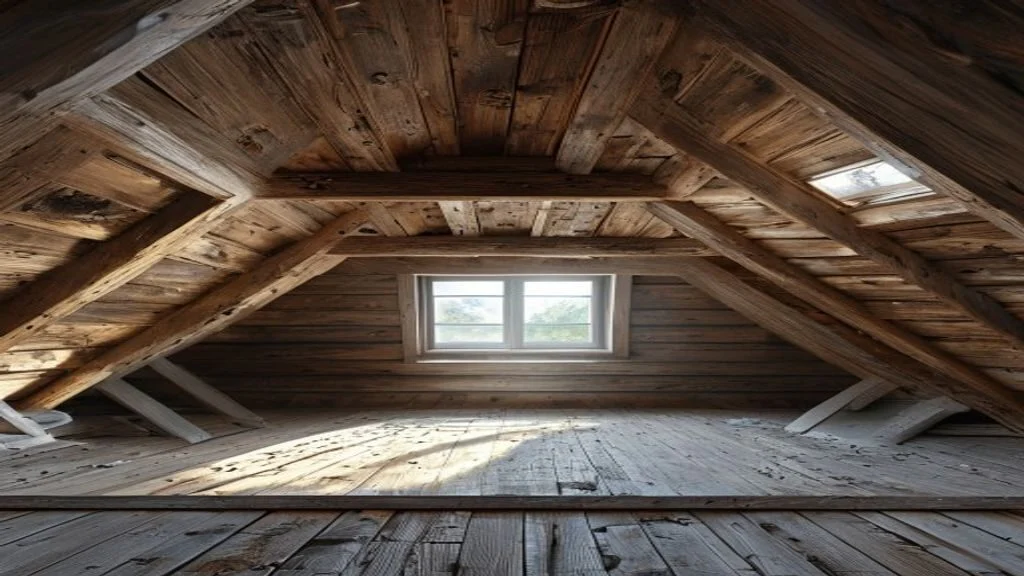 Attic roof space with exposed wooden rafters and roof deck