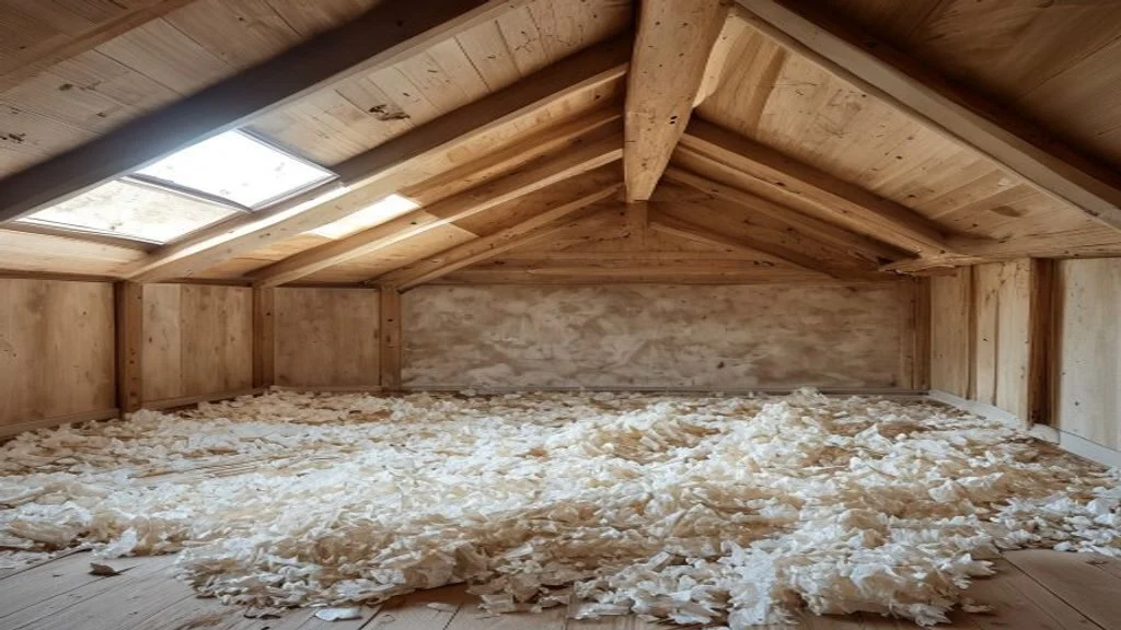 Blown-in cellulose insulation covering an attic floor between joists