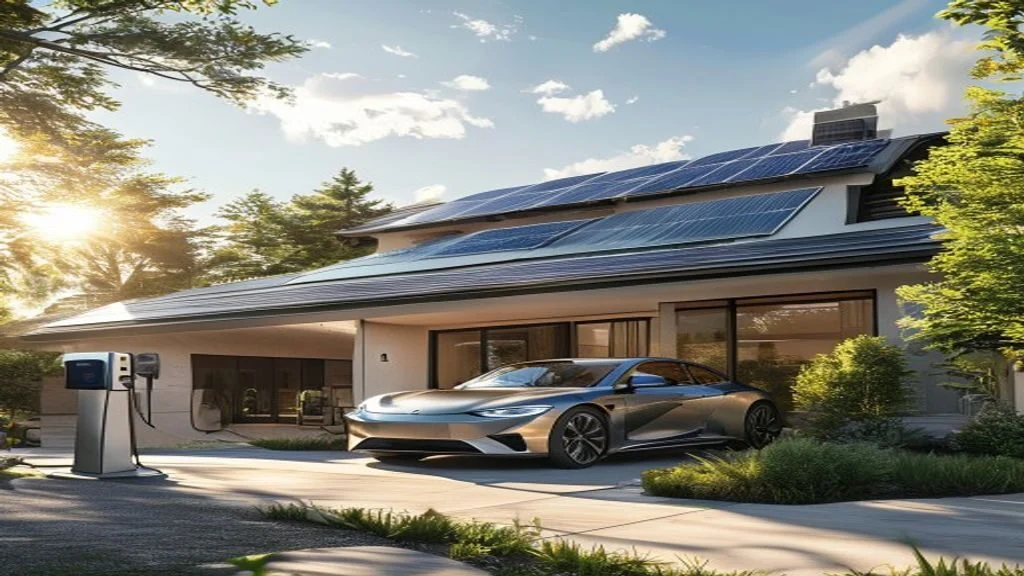 Electric car charging at a house with rooftop solar panels in sunshine