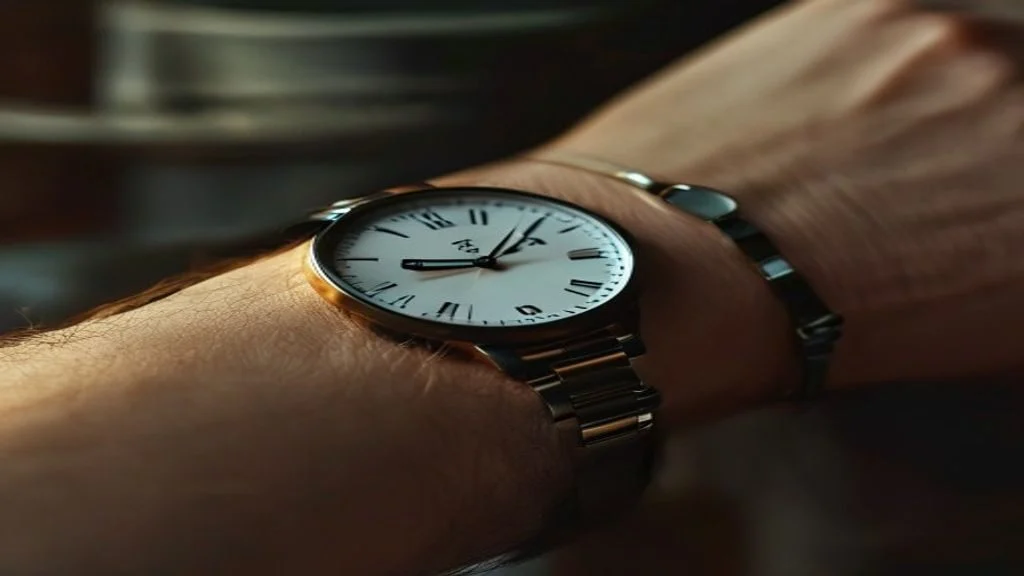 Close-up of a wristwatch on a wrist being checked in soft light