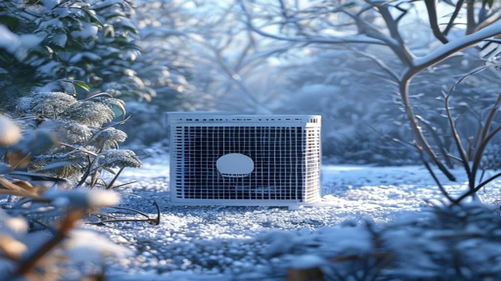 Air-source heat pump outdoor unit operating in snowy winter conditions