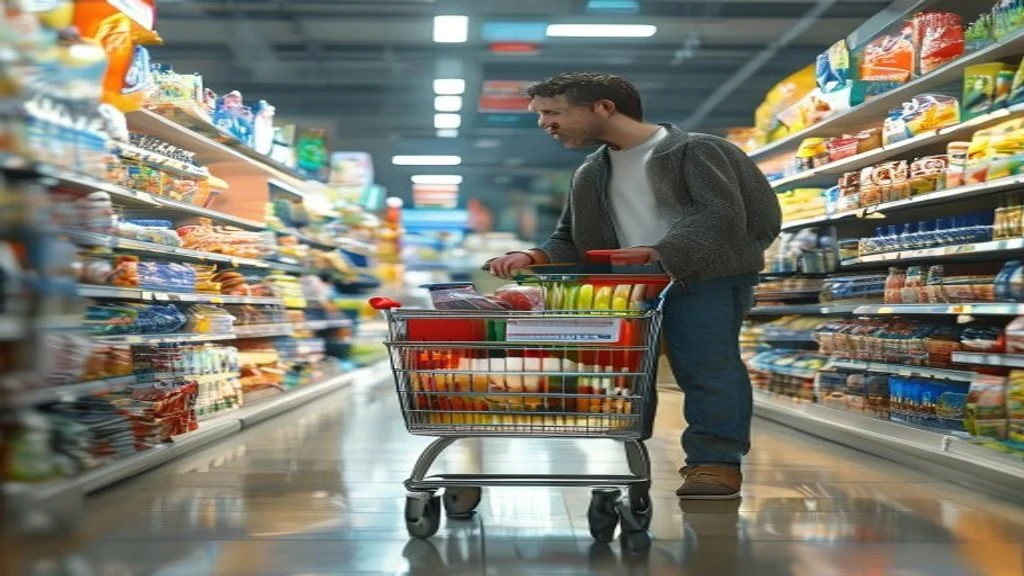 Shopper comparing products in a bright supermarket aisle