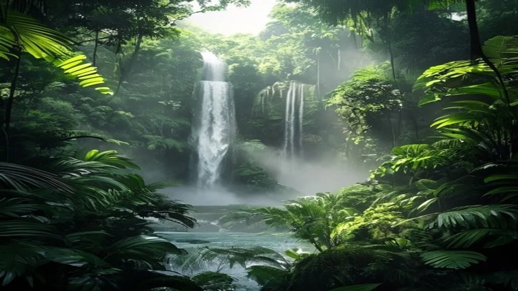 Lush green Costa Rica rainforest and waterfall during the green season