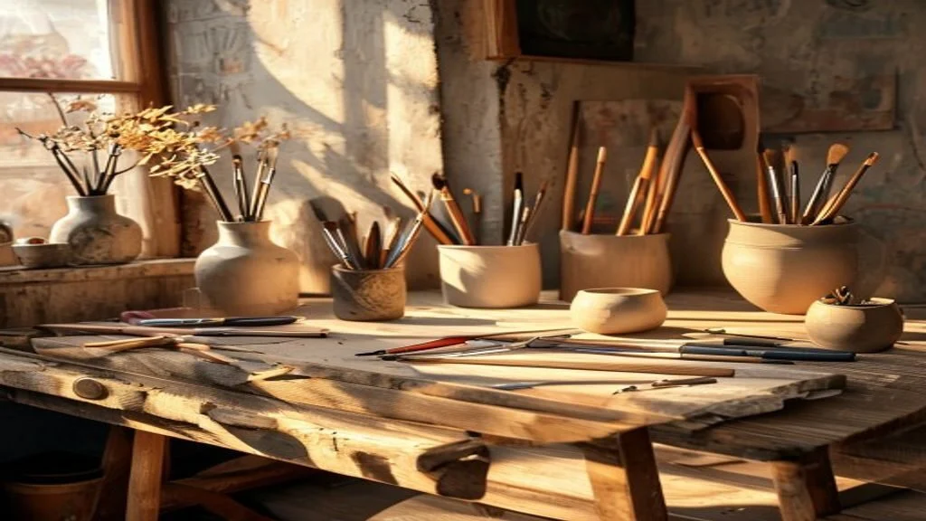 A creative studio workspace with brushes and craft tools on a wooden bench