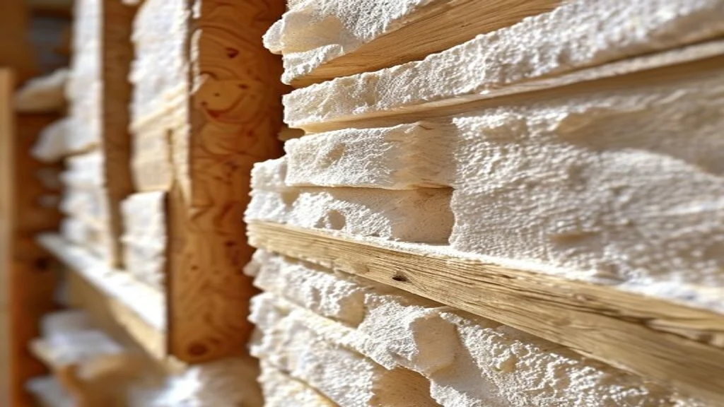 Close-up of cured spray foam insulation filling a cavity between wall studs