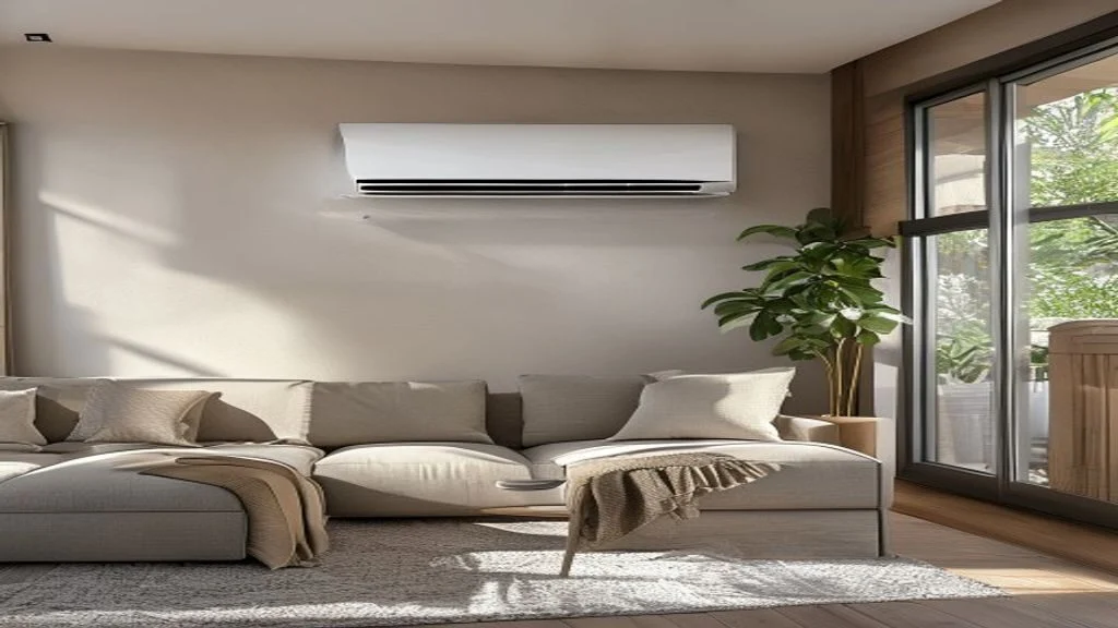 Ductless mini-split heat pump indoor unit mounted on a living room wall