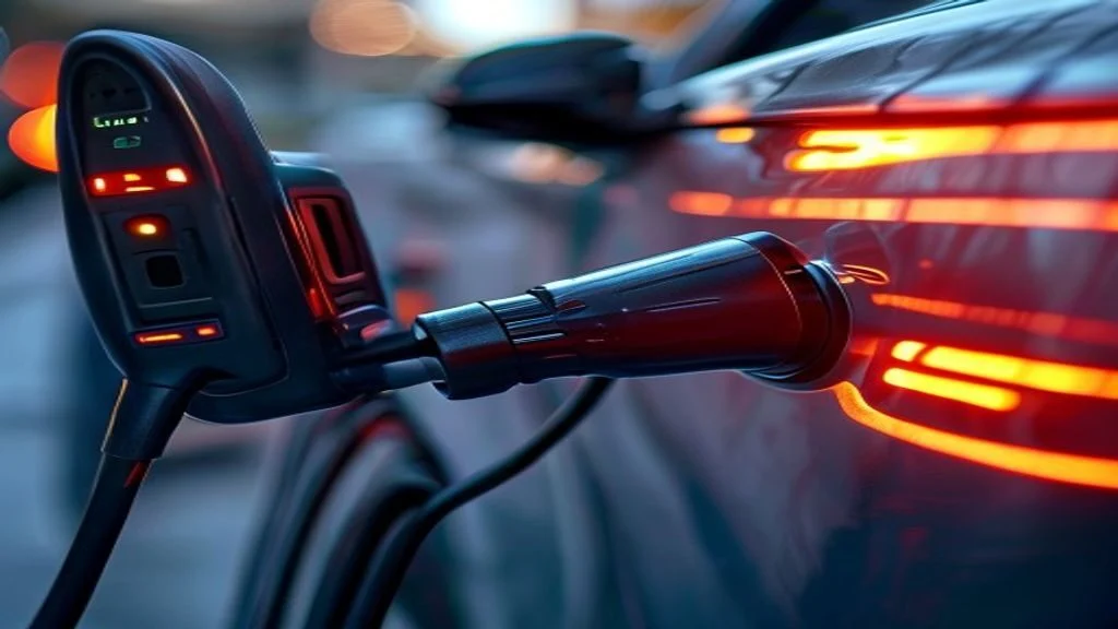 Electric vehicle charging connector plugged into a car charge port