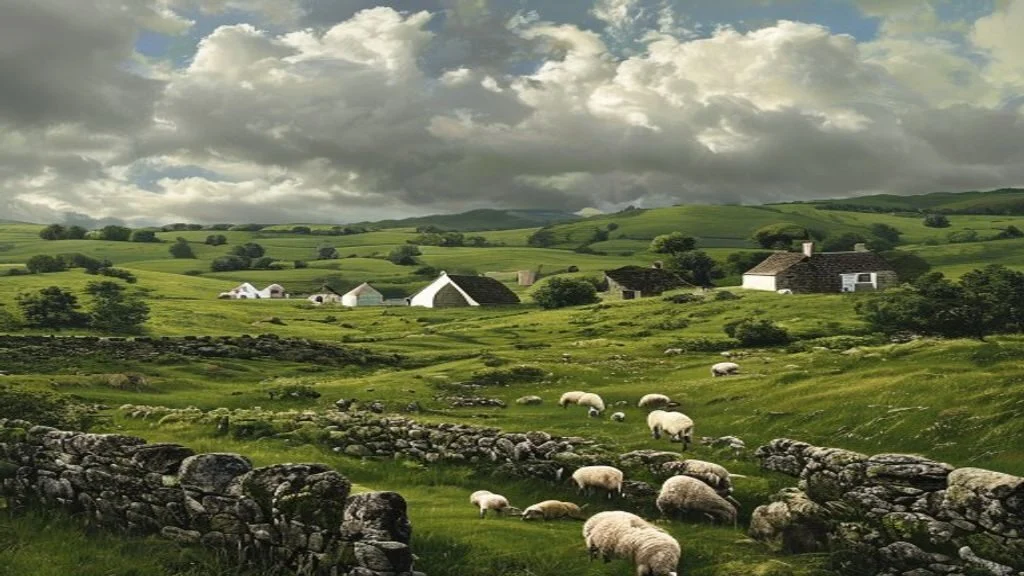 Lush green Irish countryside with stone walls and sheep in spring