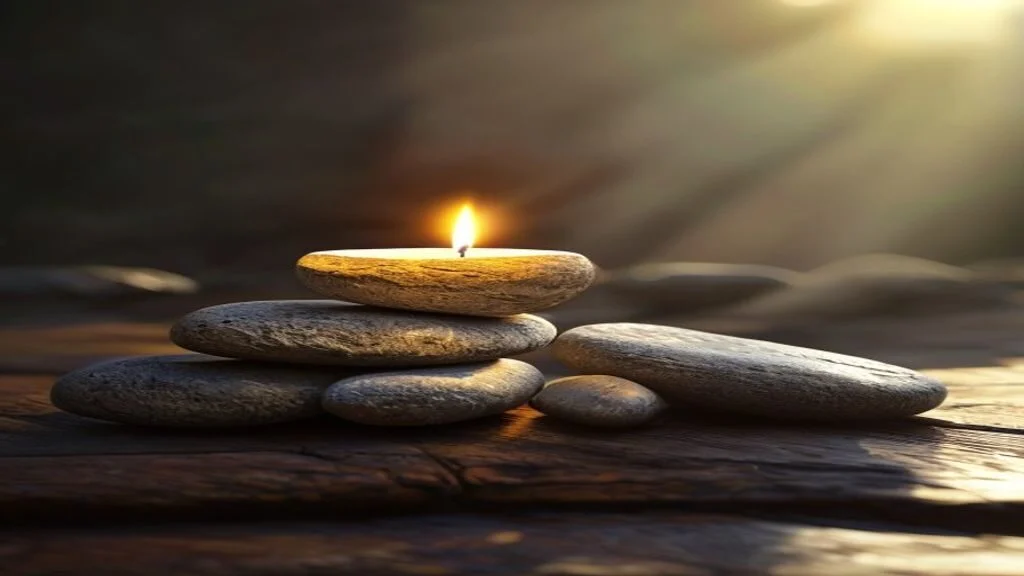 A lit candle beside stacked stones in soft morning light