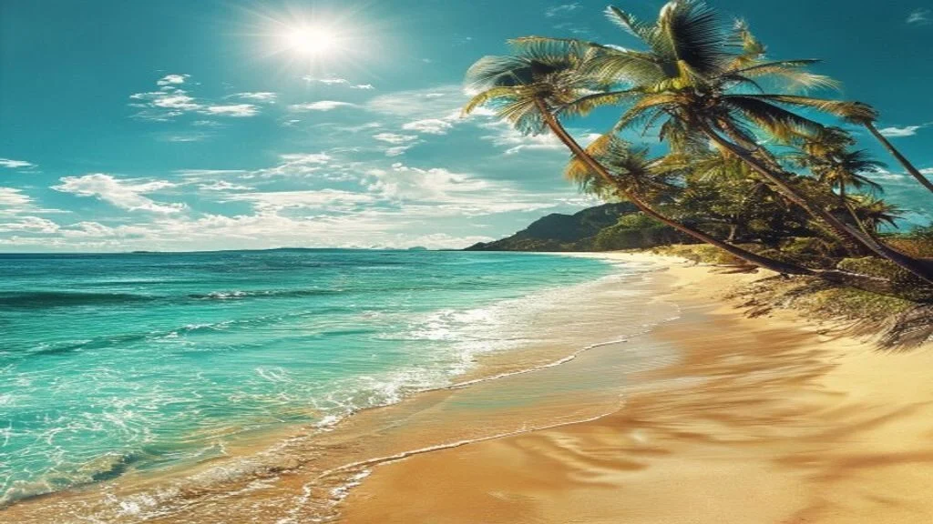 Sunny palm-fringed Pacific beach in Guanacaste, Costa Rica during the dry season