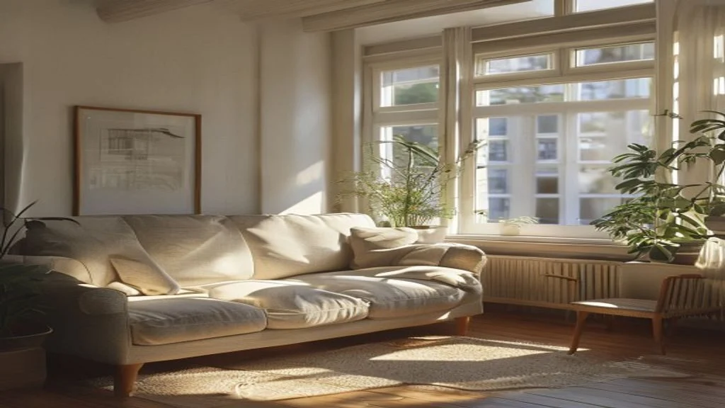 An empty living room with daylight through the windows
