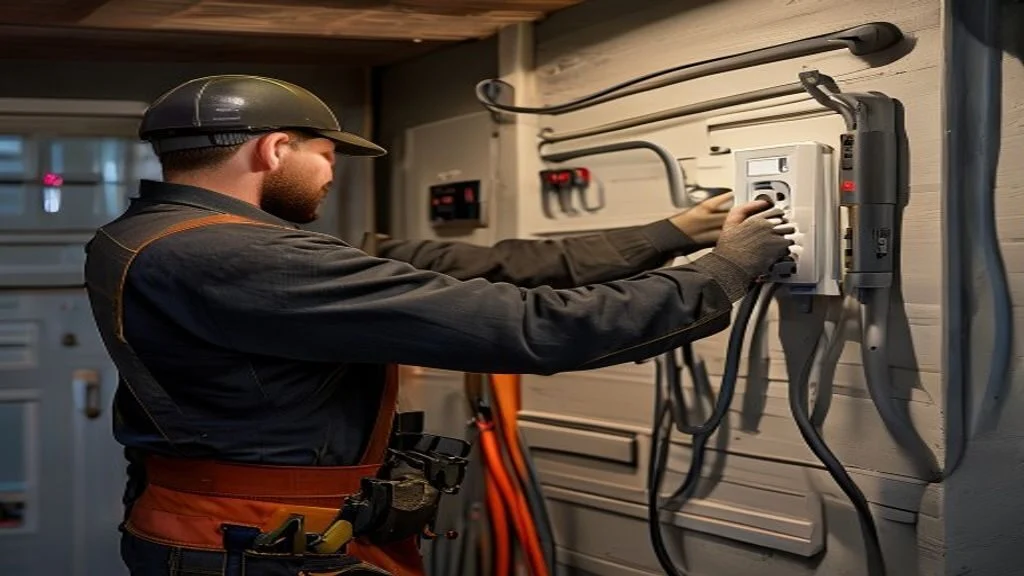 Electrician installing a wall-mounted EV charger in a residential garage