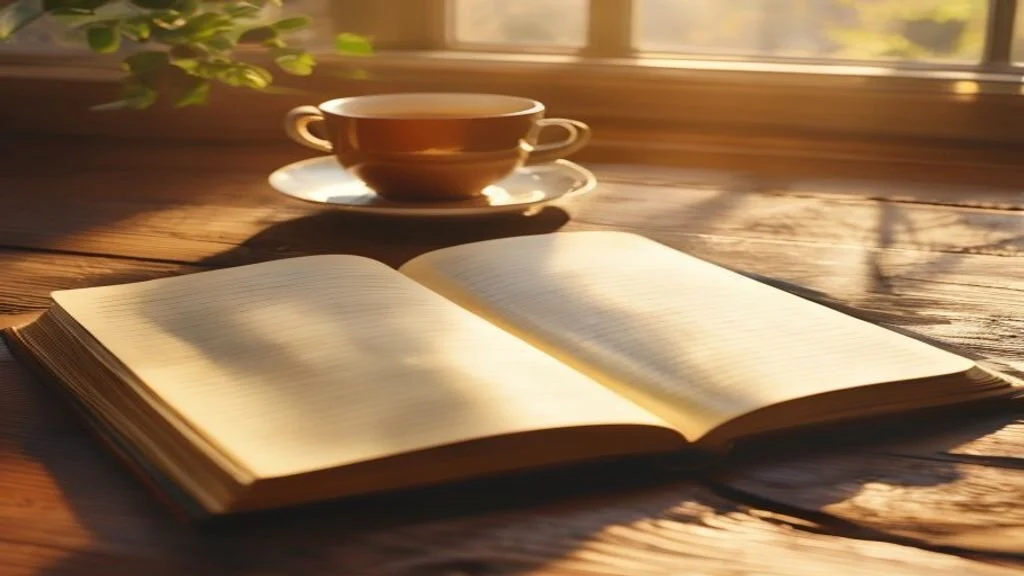 An open blank notebook and pen beside a cup of tea in morning light