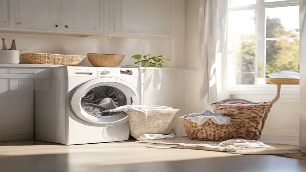 Washing machine and dryer in a bright home laundry room