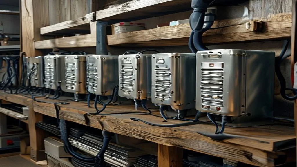 A bank of lead-acid deep cycle batteries wired together on a shelf