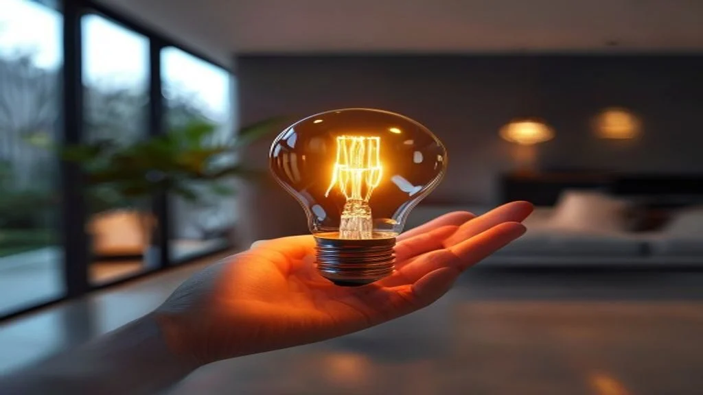 Hand holding an LED light bulb in a bright modern home