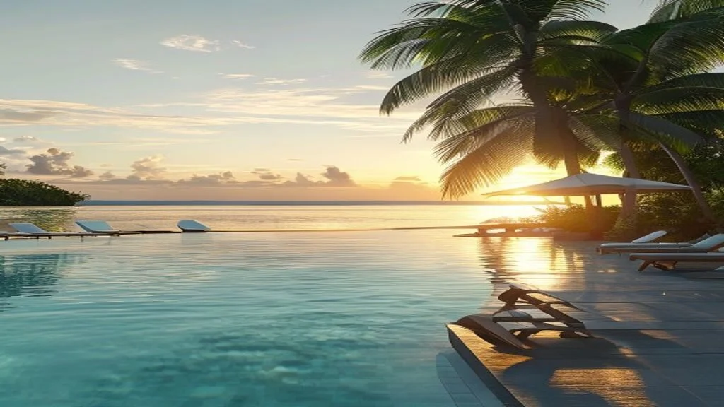 Quiet resort pool and sun loungers overlooking the Caribbean sea at sunrise