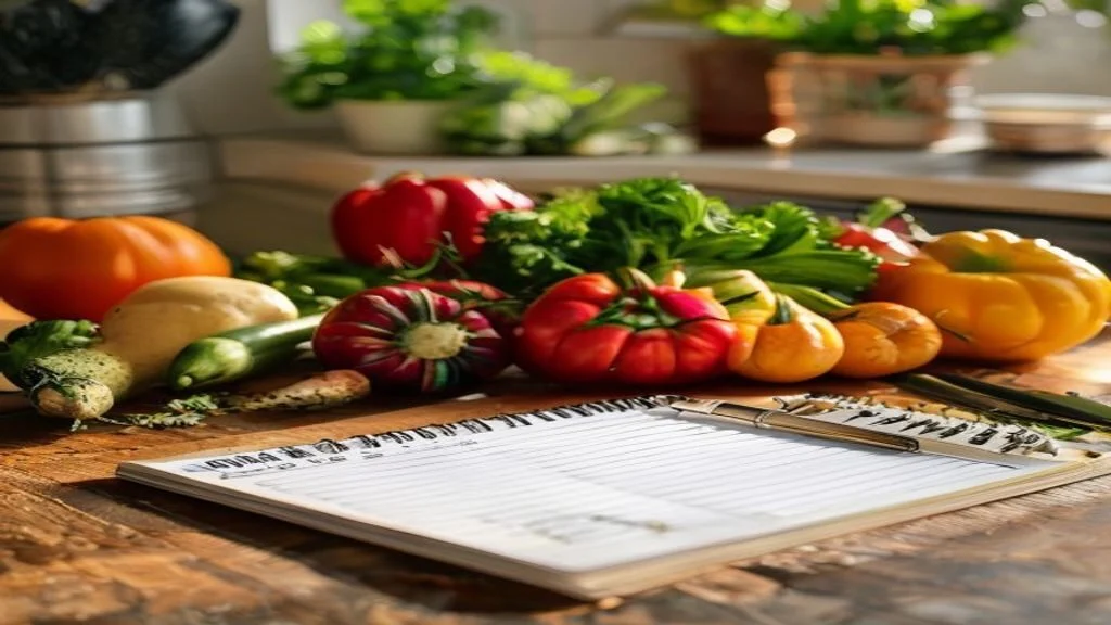 Weekly meal plan and shopping list on a kitchen counter with fresh vegetables