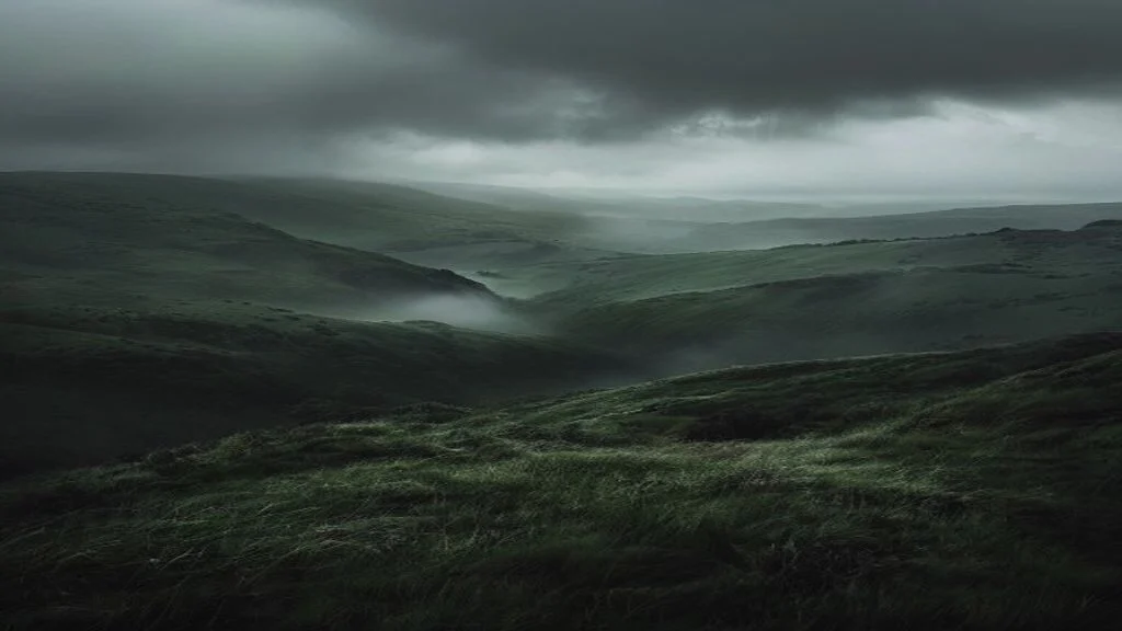 Misty green hills of Connemara under low cloud and light rain in Ireland