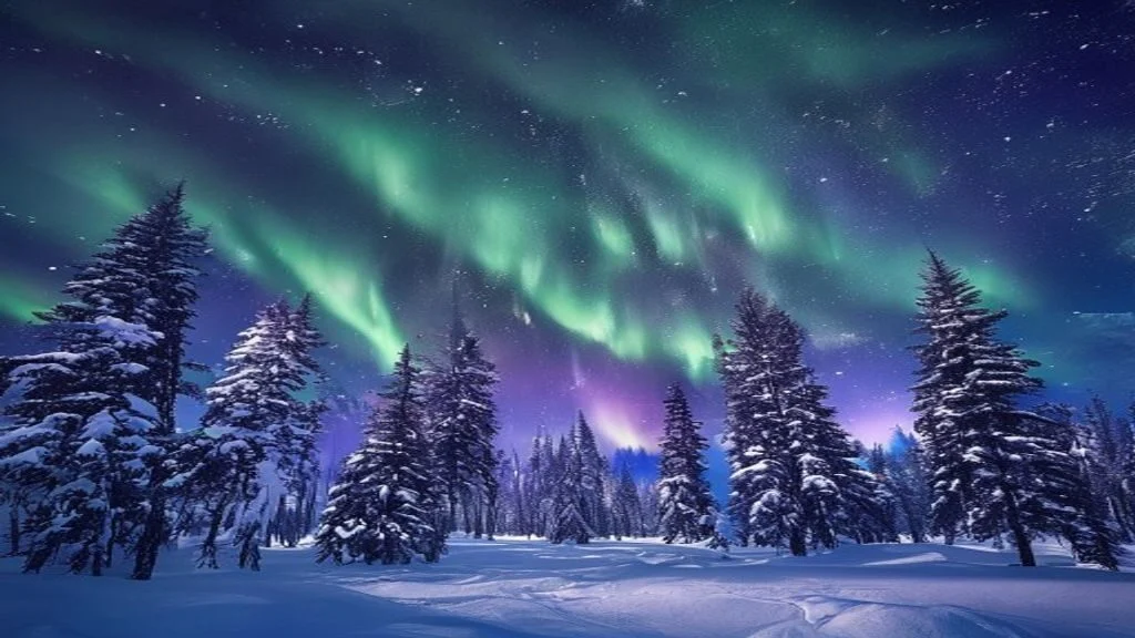 Northern lights over a snowy spruce forest in Alaska at night