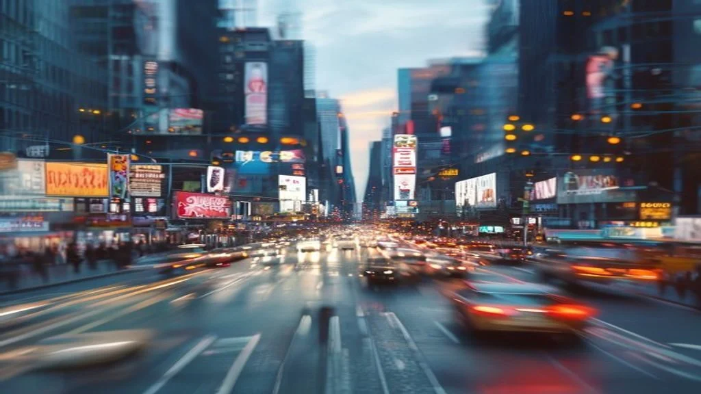 Busy city street at dusk with blurred lights and indistinct signage