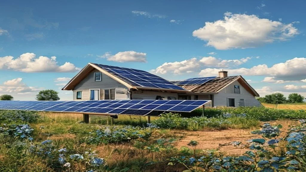 Ground-mounted solar panel array beside a rural off-grid homestead