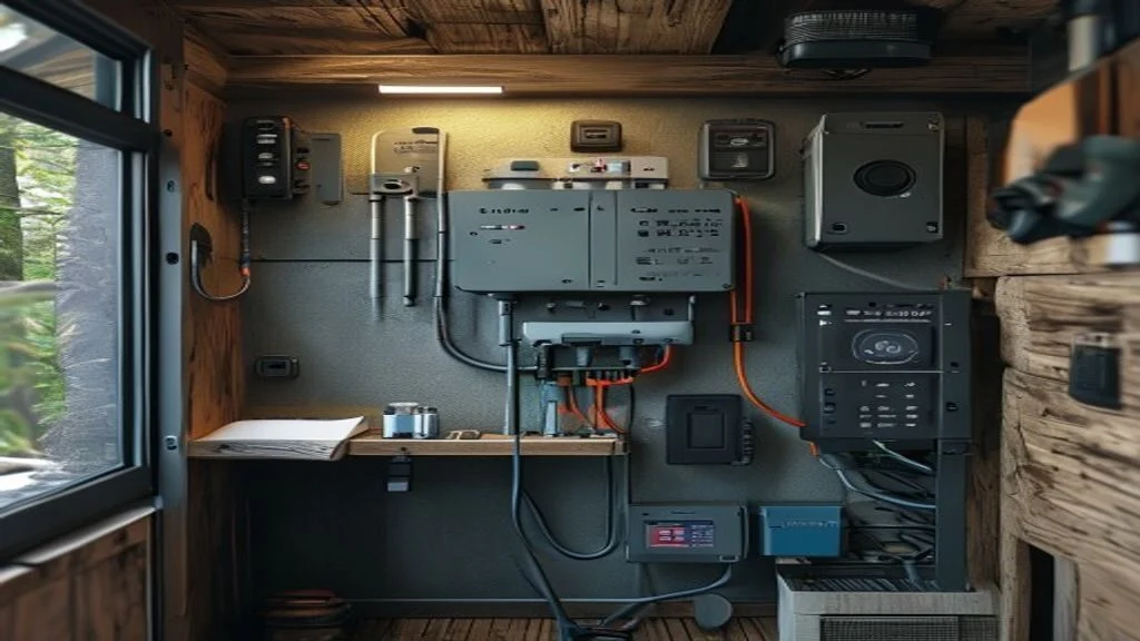 Wall-mounted LiFePO4 battery bank with inverter in an off-grid cabin utility room