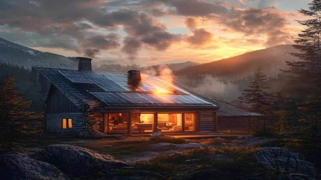 Off-grid cabin with rooftop solar panels in mountain wilderness at sunset
