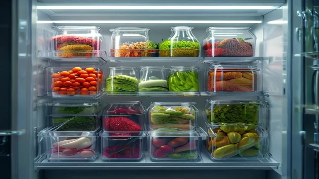 A neatly organized fridge with fresh food in labeled containers to reduce waste