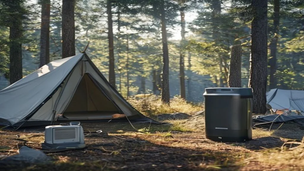 Portable power station beside a tent at a forest campsite