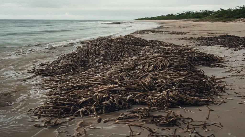 Brown sargassum seaweed washed up along a Caribbean beach shoreline