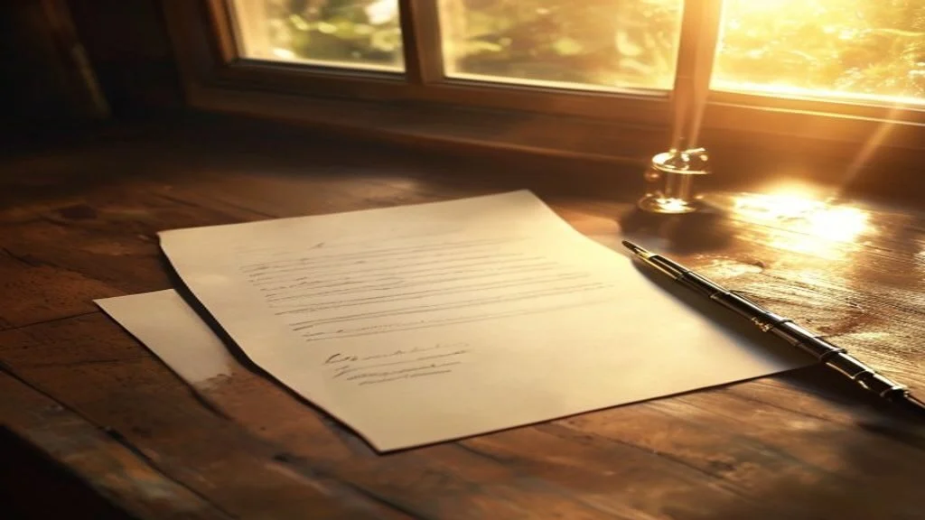 A blank handwritten letter and fountain pen on a desk by a window