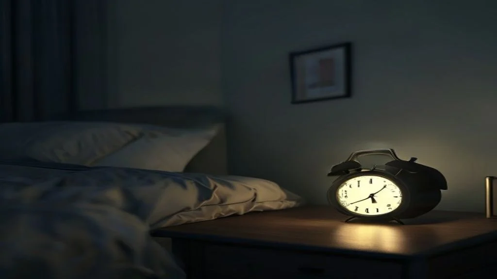 A glowing digital clock on a bedside table in a dark bedroom at night