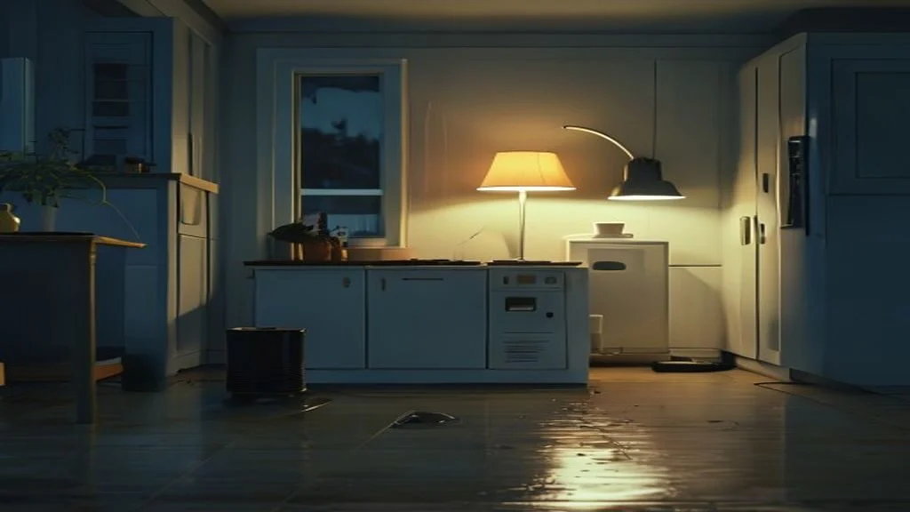 Battery power station powering a lamp and fridge indoors during a night-time outage