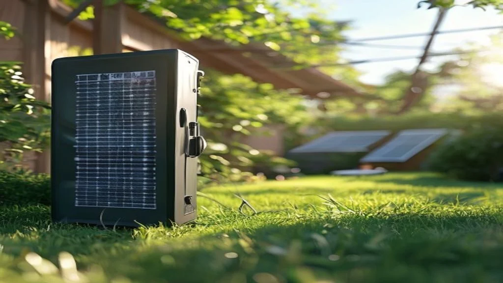 Portable power station charging from a foldable solar panel in a sunny backyard