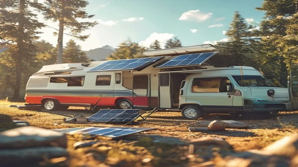 Portable power station and solar panel beside a camper van at a campsite