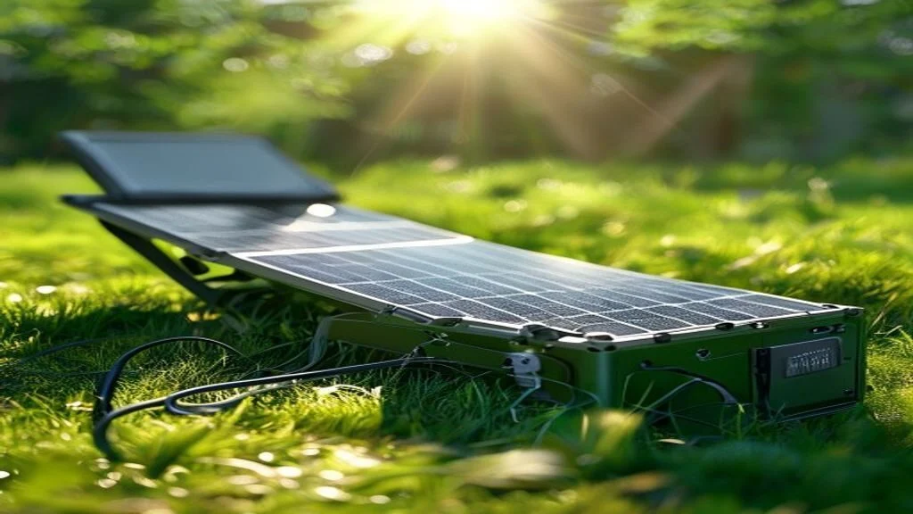 Foldable solar panel in sunlight with a cable running to a battery unit