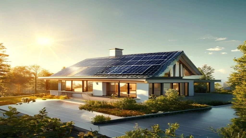 Rooftop solar panels on a modern home in bright sunlight