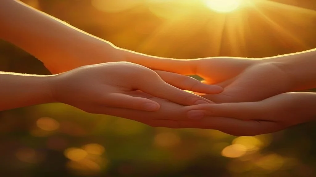 Two hands holding each other gently in warm sunlight